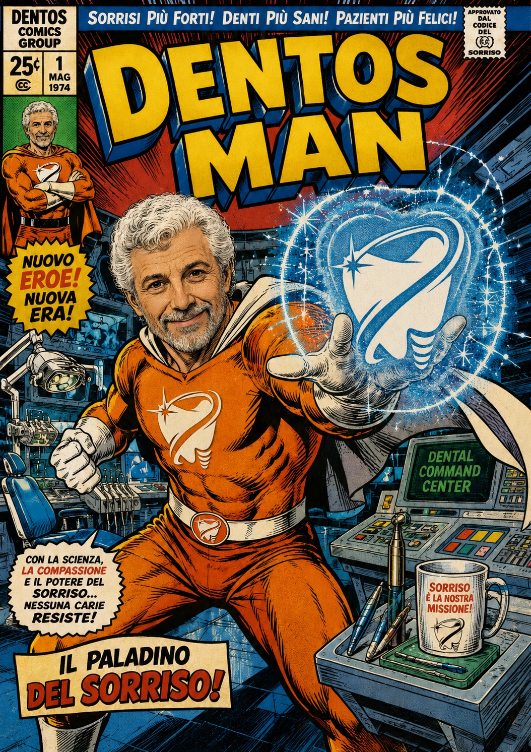 Illustrazione in stile fumetto di DentOS Man, supereroe del sorriso